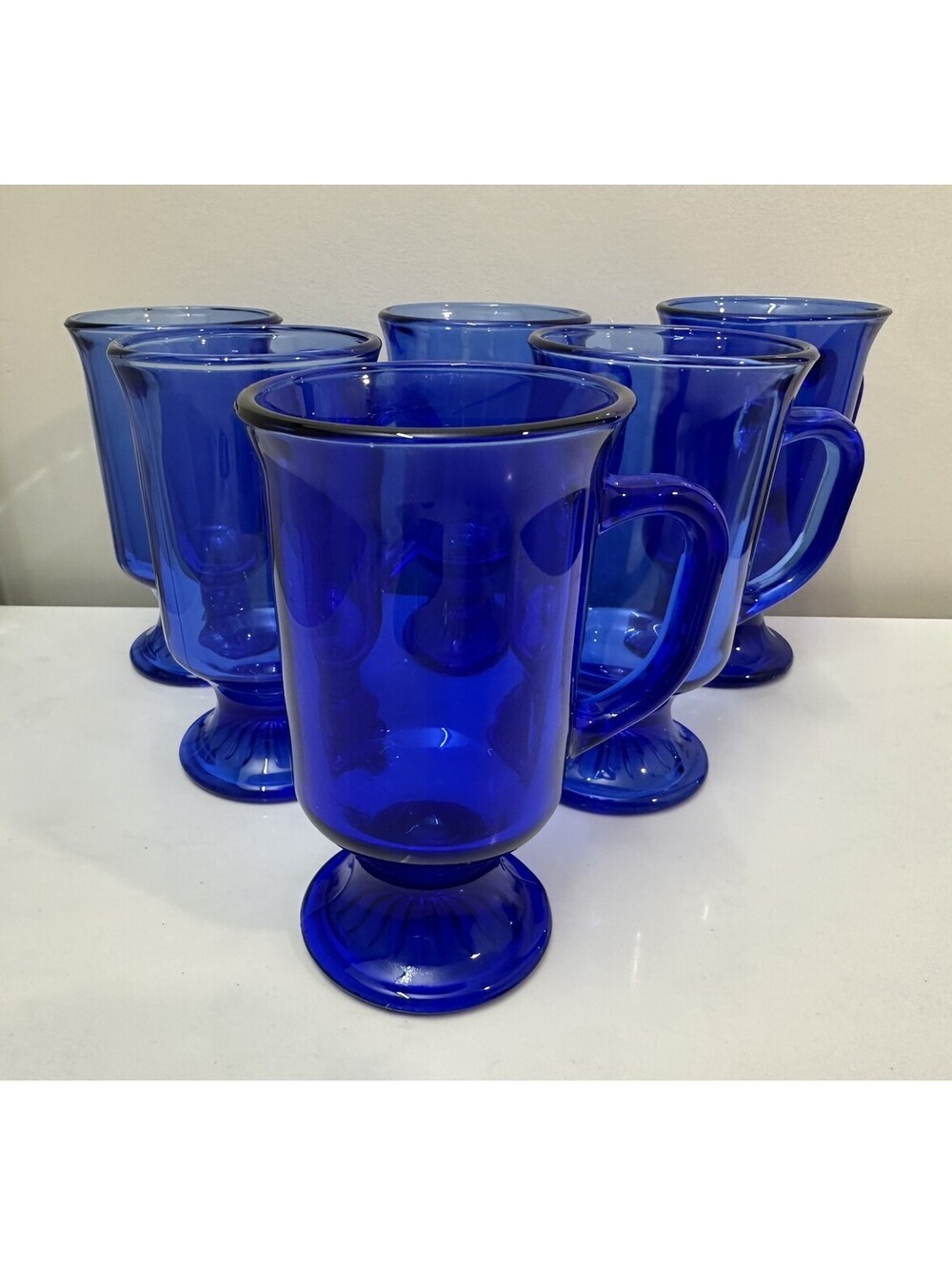Vintage Anchor Hocking Cobalt Blue Glass Footed Irish Pedestal Coffee Mugs
